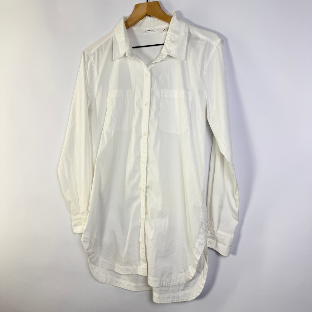 Athleta White Button Down Tunic Shirt Long Sleeve High Low Hem Womens Medium - Picture 3 of 10